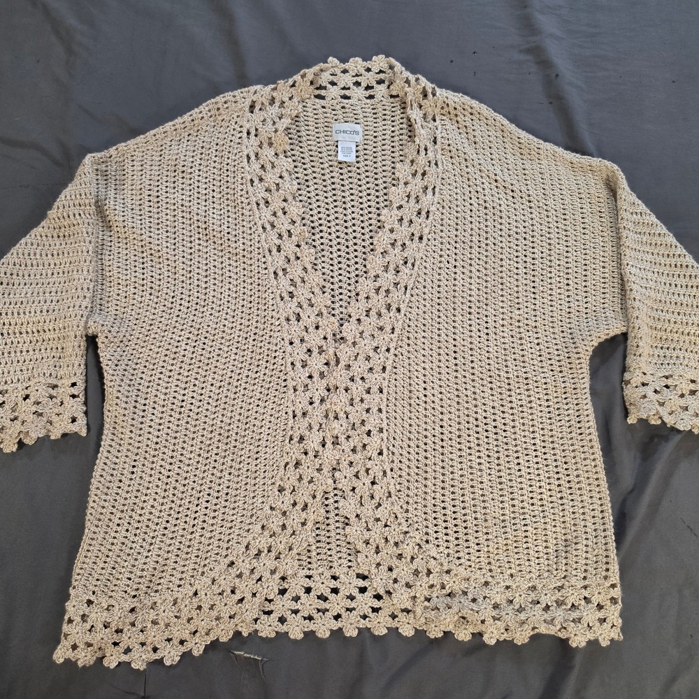 Chicos Crochet Open Front Knit Sweater Cardigan Ramie Rayon Size 3 XL Beige